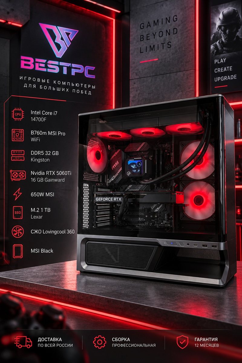 Игровой ПК i7-14700F, RTX 5060 Ti 16 ГБ, 32 ГБ DDR5, водянка 360, MSI Black